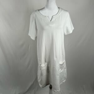 Susan Graver Shift Dress White Pockets Short Sleeve Small Cotton Casual Classic